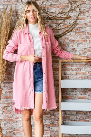 Button Up Shirt Dress with Frayed Hem in Pink