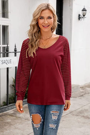 Soft V Neck Long Raglan Striped Sheer Sleeve Top - 9 colors