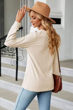 Notched Neck Textured Long Sleeve Buttoned Blouse - 8 colors