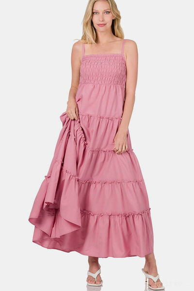 Zenana Woven Smocked Tiered Cami Maxi Dress Lt Rose