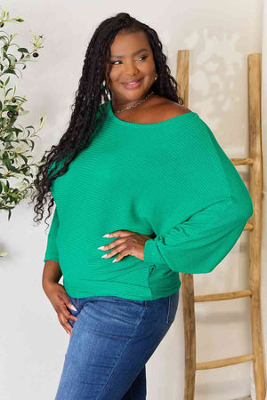 Zenana Round Neck Batwing Sleeve Blouse Mid Green