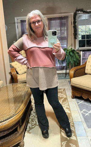 Color Block Exposed Seam Waffle-Knit Top