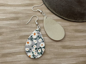 Daisy Tear Drop - Leather Earring