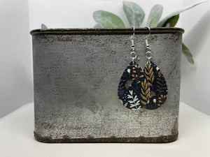 Navy Botanical Tear Drop - Leather Earring