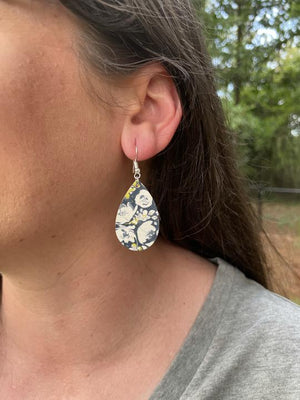 Navy Floral Tear Drop - Leather Earring