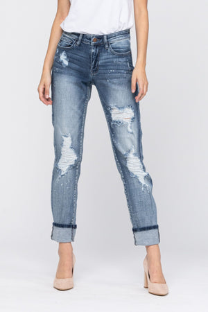 Judy Blue Mid Rise Bleach Splashed Washed Out Destroyed Boyfriend Jean
