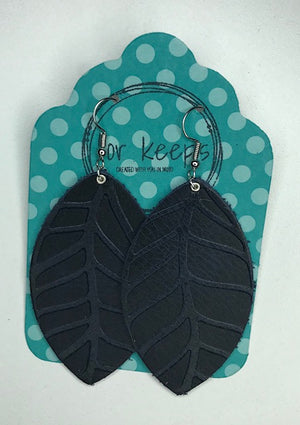 Leather Earring - Distressed Navy Leaf Embossed - Large