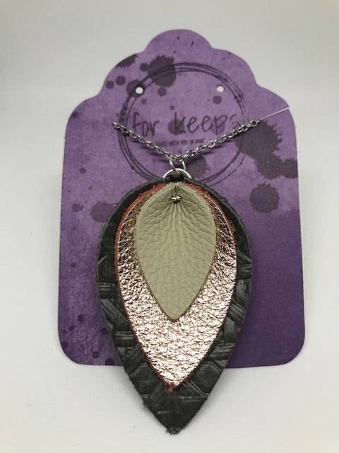 Leather Pendant - Triple Petal Lg Distressed Gray Cane Weave Med Rose Gold Sm Bone w/ 30" silver chain