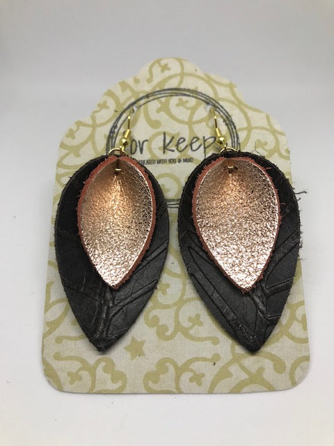 Leather Earring - Double Petal Med Chocolate Leaf Embossed - Small Rose Gold