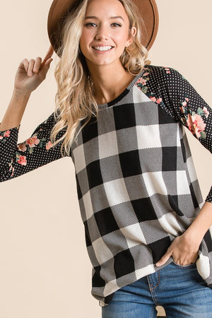 Raglan Black White Checked Floral 3/4 Sleeve Top