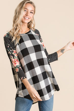 Raglan Black White Checked Floral 3/4 Sleeve Top