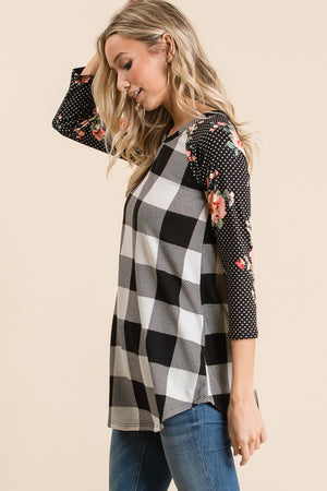 Raglan Black White Checked Floral 3/4 Sleeve Top