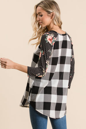 Raglan Black White Checked Floral 3/4 Sleeve Top