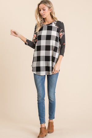 Raglan Black White Checked Floral 3/4 Sleeve Top