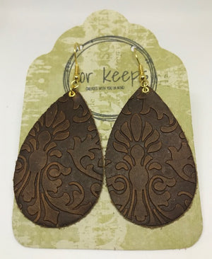 Leather Earring - Med Teardrop in Aged Brandy Leather with Damask Embossing