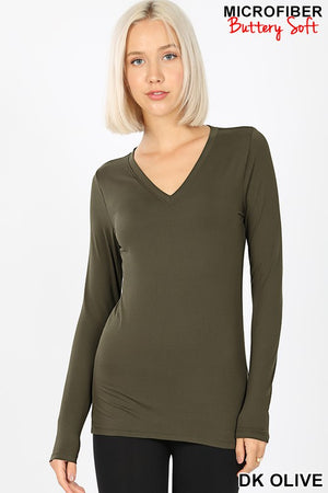 Zenana Buttery Soft Long Sleeve V Neck Stretch fitted T - Asst colors