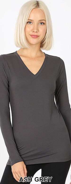 Zenana Buttery Soft Long Sleeve V Neck Stretch fitted T - Asst colors