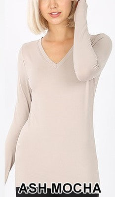 Zenana Buttery Soft Long Sleeve V Neck Stretch fitted T - Asst colors