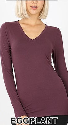 Zenana Buttery Soft Long Sleeve V Neck Stretch fitted T - Asst colors