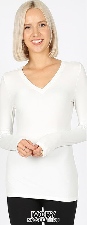 Zenana Buttery Soft Long Sleeve V Neck Stretch fitted T - Asst colors